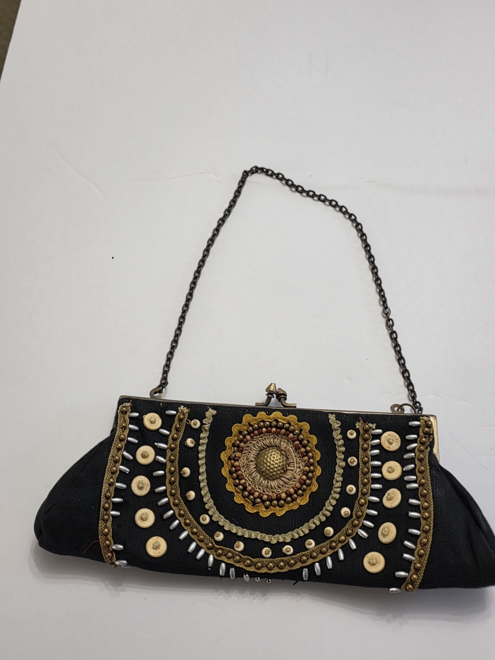 Embellished Black Beaded Chain-Handle Clutch